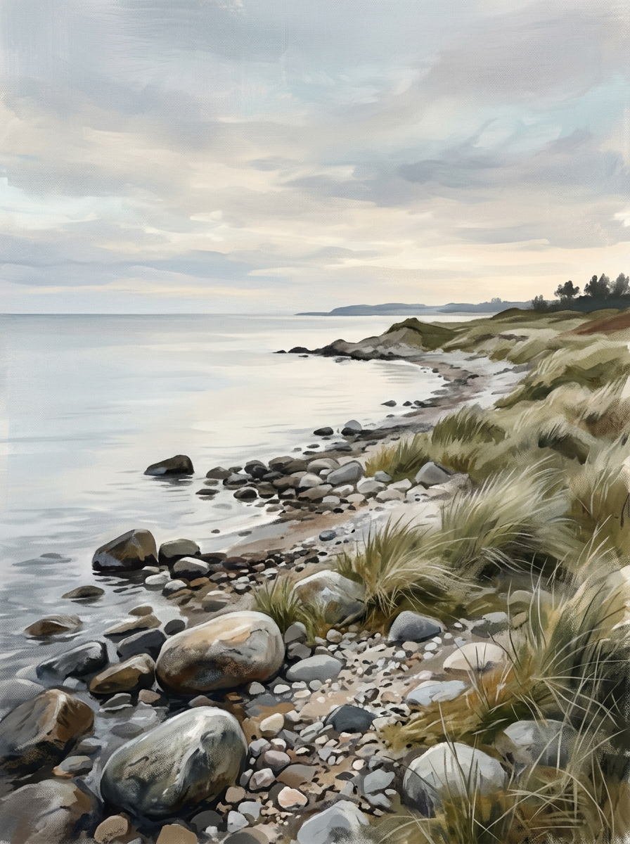Rocky shoreline with grassy dunes beneath a cloudy sky